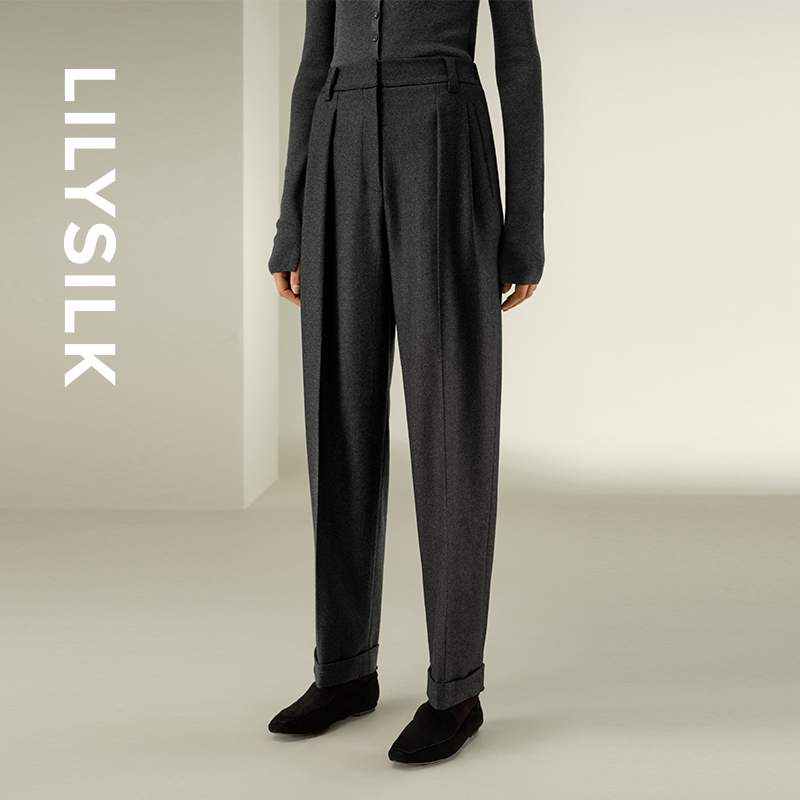 莉莉秀客LILYSILK25秋丝毛混纺立体压褶设计腰部可系带桶形休闲裤