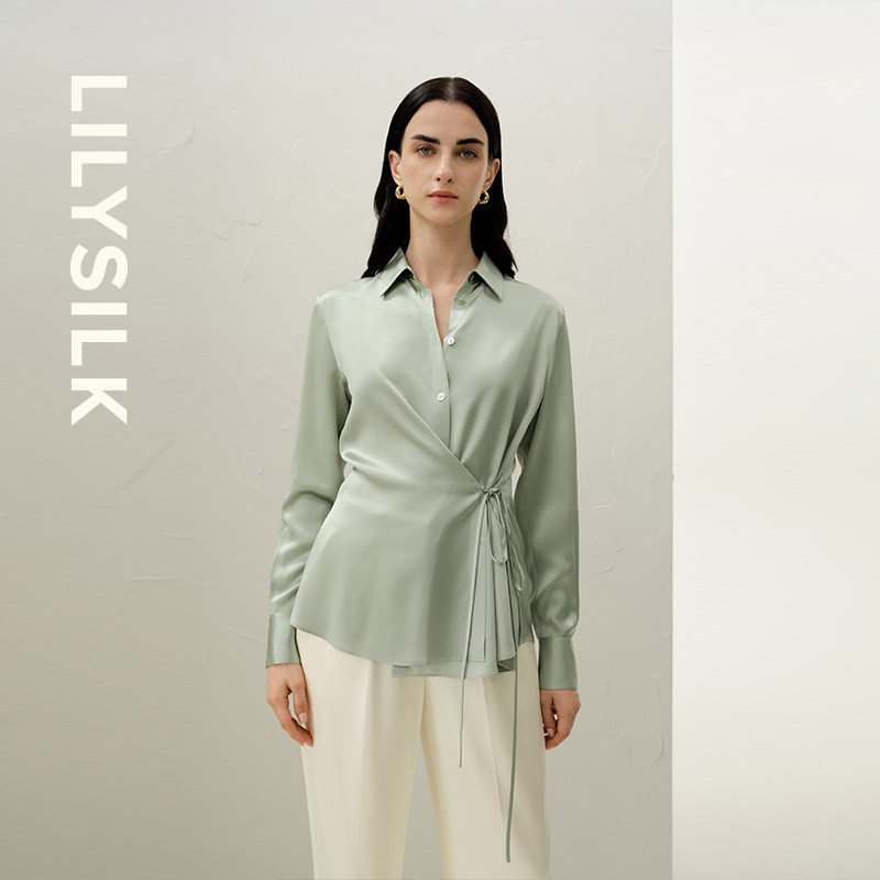 可机洗系带衬衫莉莉秀客夏新女士长款上衣通勤百搭可拆带LILYSILK