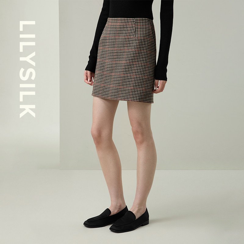 复古小格纹毛呢半身短裙莉莉秀客高腰A字显瘦半身裙子女LILYSILK