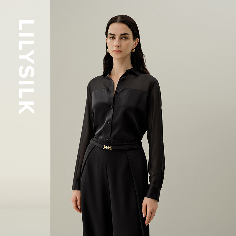 真丝雪纺衬衫莉莉秀客桑蚕丝拼接时尚上衣女士舒适通勤款LILYSILK