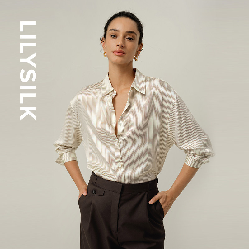 条纹印花衬衫莉莉秀客新款桑蚕丝时尚通勤女士真丝上衣LILYSILK