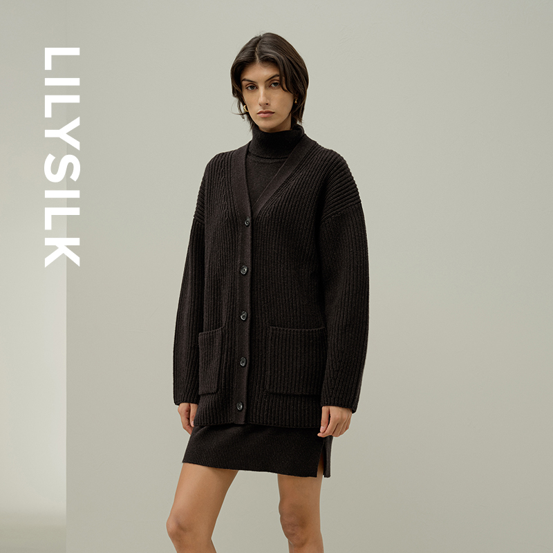 莉莉秀客LILYSILK25秋冬羊毛羊绒复古简约气质混纺开衫外套毛衣
