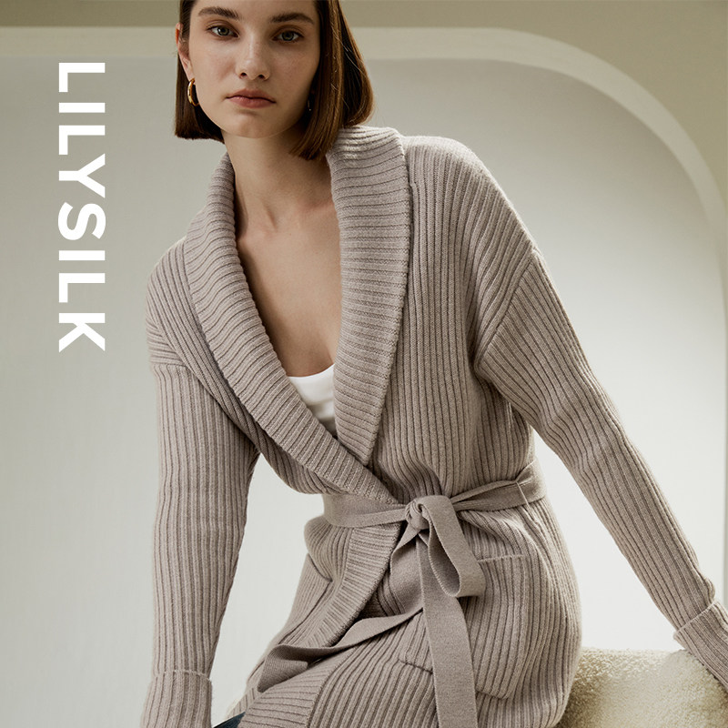 LILYSILK莉莉秀客大翻领落肩系带羊毛开衫简约女士毛衣秋冬慵懒风