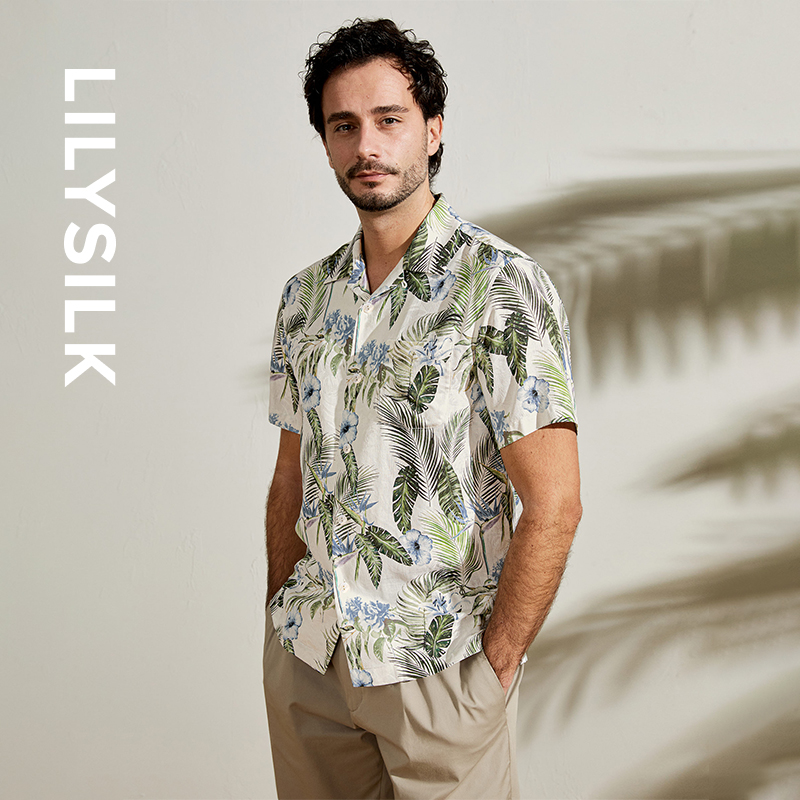 莉莉秀客LILYSILK25夏绢丝提花植物印花设计度假风休闲短袖衬衫男