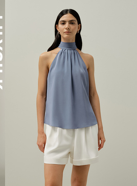 莉莉秀客LILYSILK女士桑蚕丝半高领挂脖系带无袖露肩优雅纯色上衣