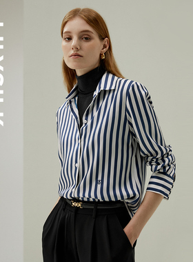 LILYSILK莉莉秀客秋季新款真丝细条纹衬衫女100%桑蚕丝长袖通勤款