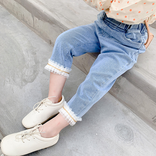 小童码，清仓裤子1-2-3-4-5岁女童花边软牛仔裤女宝宝阔腿裤弹力
