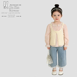 爆款110-150码2026新款春装女童黄色针织马甲翻领娃娃衫2件套装