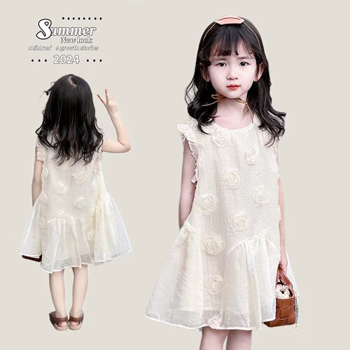 2026年夏季超凉快超软女童米白色连衣裙纱裙无袖裙女宝宝背心裙子