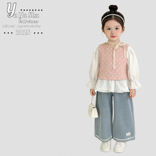 爆款110-150码2026新款春装女童黄色针织马甲翻领娃娃衫2件套装