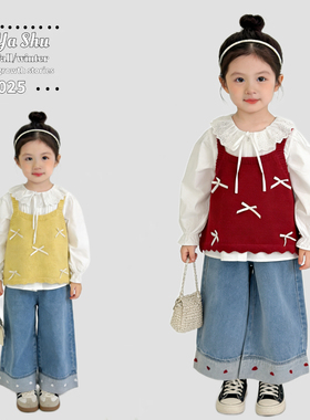 90-150码2026新款春装套装女童红色马甲翻领娃娃衫牛仔裤三件套装