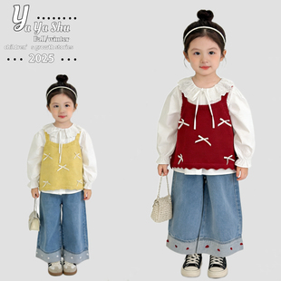 90-150码2026新款春装套装女童红色马甲翻领娃娃衫牛仔裤三件套装