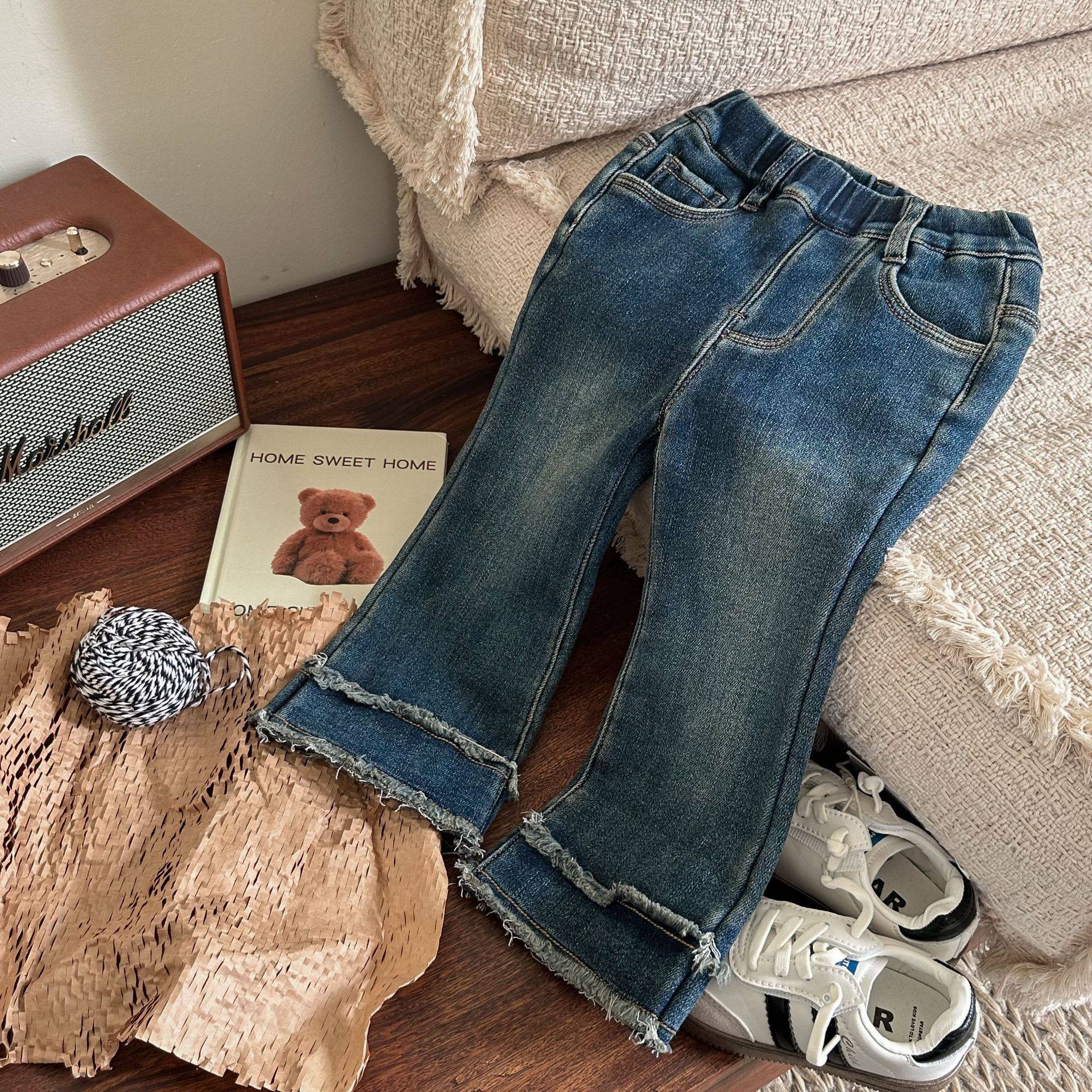 女童牛仔喇叭裤冬装2023新款儿童韩版弹加绒长裤中大童修身长裤