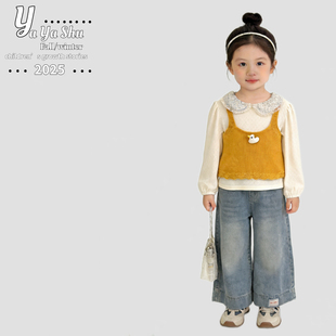 爆款110-150码2026新款春装女童黄色针织马甲翻领娃娃衫2件套装