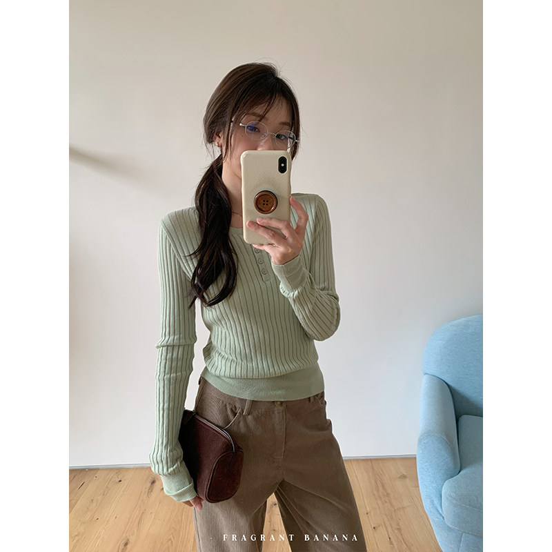 秋季韩系简约全棉半开扣女针织衫