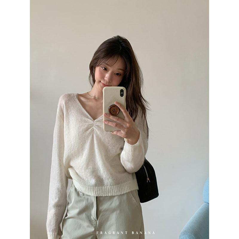 秋季女V领超细马海毛慵懒针织衫