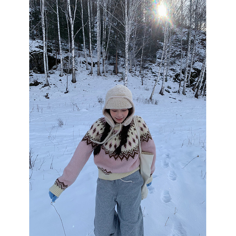 香香的蕉 费尔岛毛衣秋冬慵懒高级感显瘦圆领套头针织衫上衣