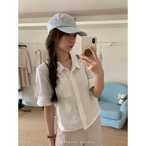 香香的蕉 100亚麻短袖衬衫女春夏松弛感智性衬衣上衣