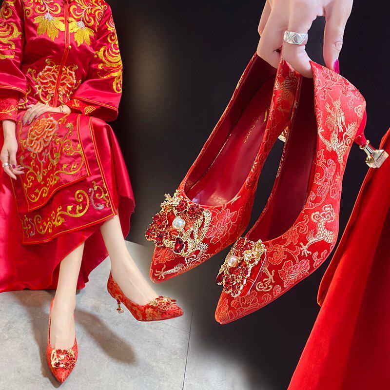夏季婚鞋红秀禾鞋女2021年新款中式婚礼新娘鞋加绒高跟鞋结婚细跟|ruв категории Женская обувь, низкий чистка - от Buy2taobao.com для оказания профессиональной услуги покупки агента Taobao