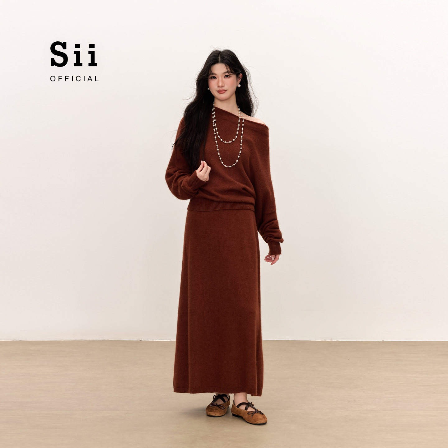 Sii「琥珀流光」·智性风姐感枫叶棕羊毛鱼尾裙约会美女感套装