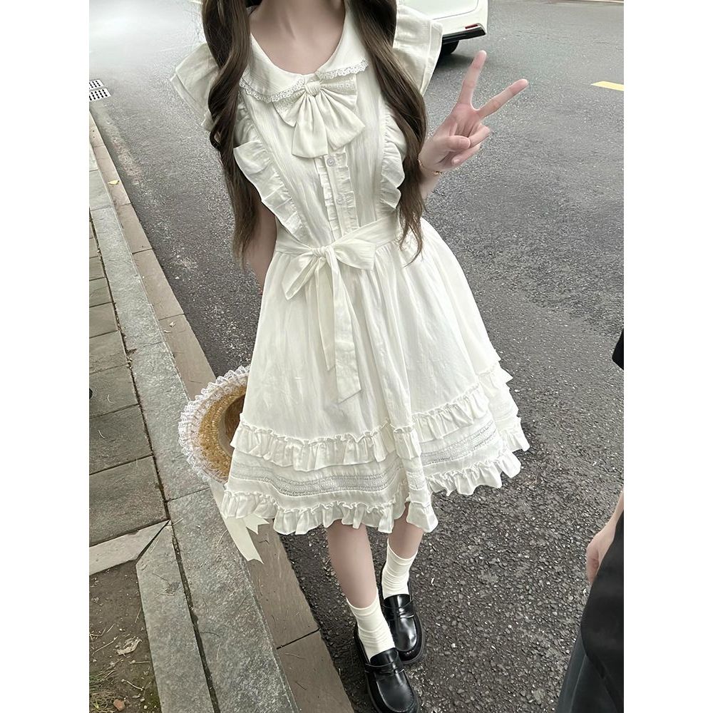 萌宅少女 甜美风白色娃娃领蝴蝶结短裙轻洛蛋糕荷叶边蓬蓬连衣裙