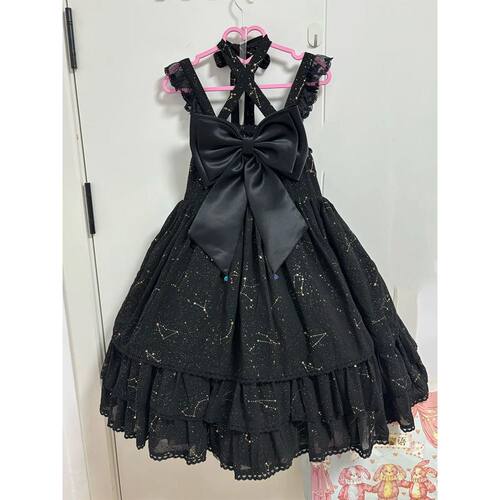 【黑贝壳】烫金星座蝴蝶结设计日常lolita裙黑色连衣裙夏季女