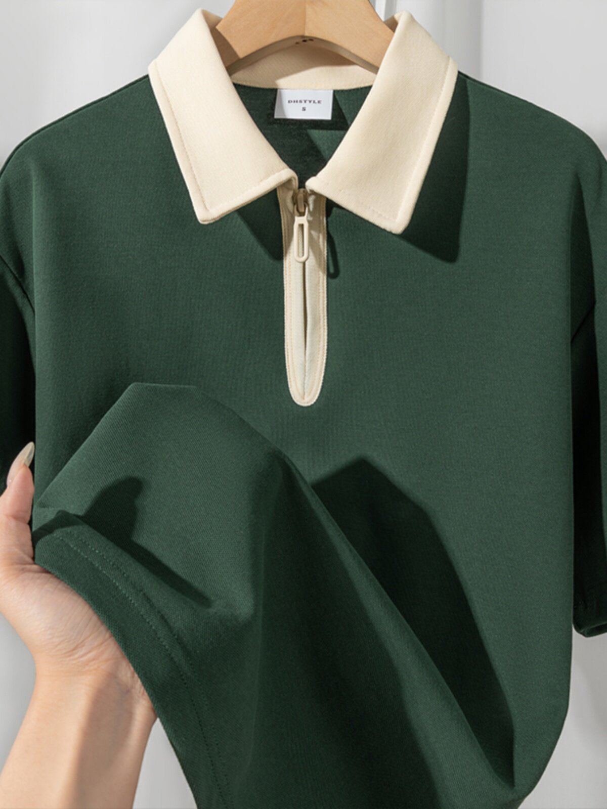 INK GREEN RICE APRICOT  HEAVYWEIGHT HALF-ZIP COTTON-PIQUE SHORT-SLEEVED POLO SHIRT FOR SUMMER FASHION LOOSE MENS AND WOMENS SHIRTS