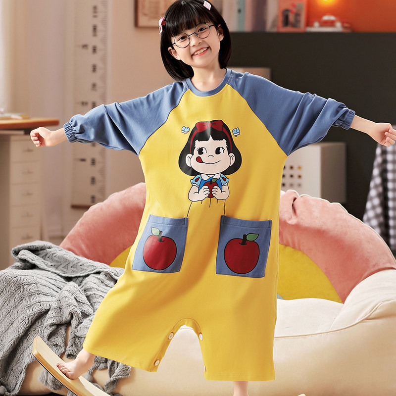 CHILDRENS ONE-PIECE PAJAMAS SUMMER COTTON MIDDLE AND LARGE CHILDREN CHILDREN GIRLS THIN KICK-PROOF LONG-SLEEVED BABY CUTE LOUNGEWEAR