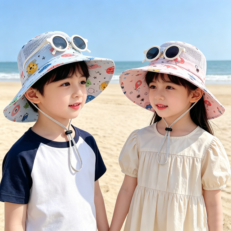 儿童遮阳帽夏季渔夫帽男女童大檐防晒帽网眼透气带墨镜太阳帽薄款
