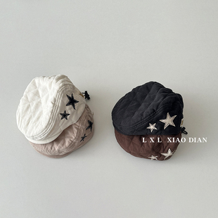 儿童贝雷帽子男童秋冬季夹棉五角星报童帽洋气凹造型女宝宝前进帽