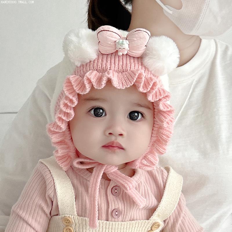 婴儿帽子秋冬季宝宝女可爱针织帽婴幼儿冬季加厚毛线帽外出护耳帽