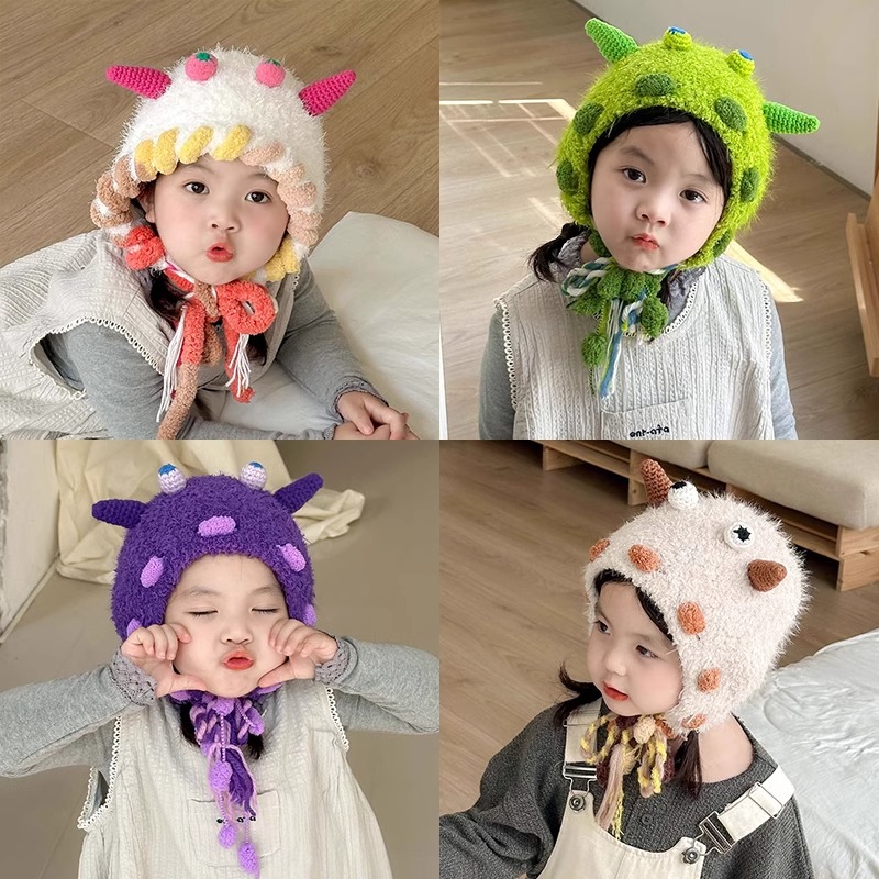 儿童纯色小清新可爱小怪兽针织帽秋冬季男女童户外防风保暖毛线帽