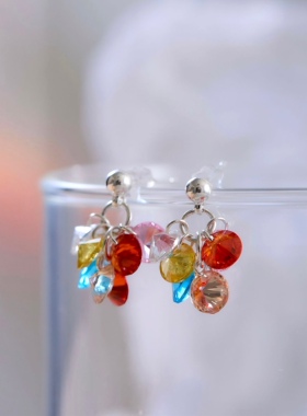 vogueess夏新品彩色葡萄串珠流苏耳环钉甜美无耳洞耳夹小众设计感