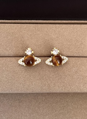 vogueess轻奢虎眼石土星耳钉高级感精致时尚百搭耳环琥珀复古配饰