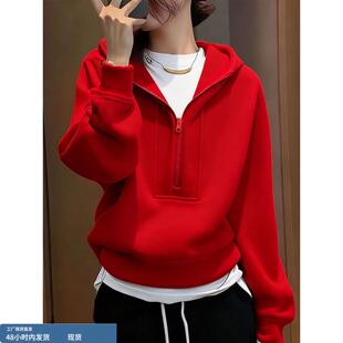 欧货高端大牌新年红长袖羊绒连帽针织衫2025冬款红色半拉链上衣女