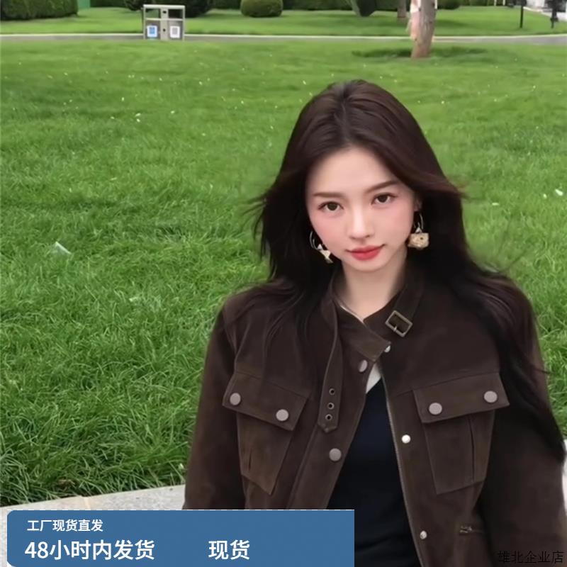 美式覆古辣妹立领麂皮绒外套女秋季宽松短款工装巨好看的夹克上衣