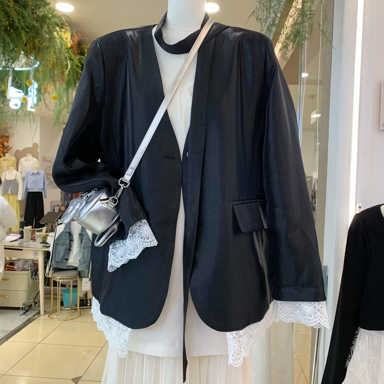 高级感蕾丝拼接西装外套女2025春秋季设计感小众韩系小西服上衣