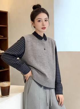复古慵懒风叠穿马甲女时髦洋气圆领休闲针织背心小翻领蓝格子衬衫