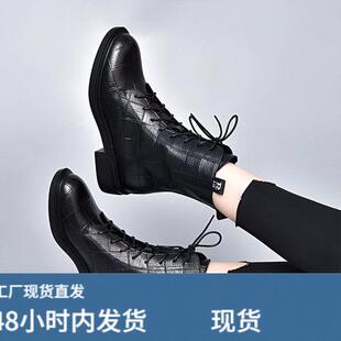 平底短靴女2026新款春秋冬季瘦瘦靴子加绒真皮系带中筒马丁靴单靴