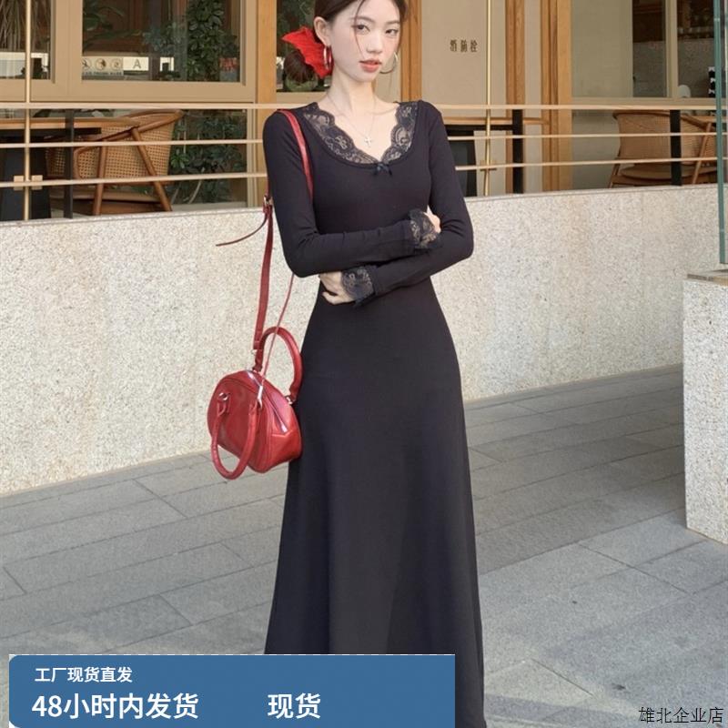 v领蕾丝边黑色针织连衣裙女早秋法式赫本风miu系后妈掐腰礼服长裙