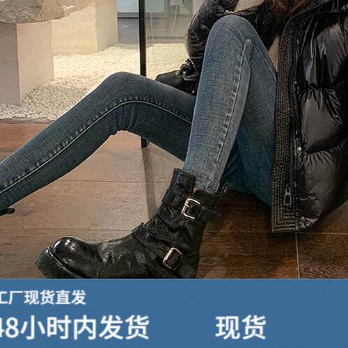 厚底马丁靴子女2025新款秋冬英伦风机车西部牛仔骑士粗跟黑色短靴