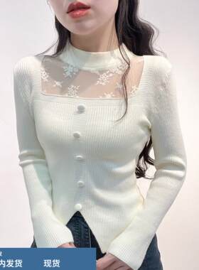 超漂亮紫色毛衣女网纱拼接针织内搭可外穿圆领修身镂空开叉上衣