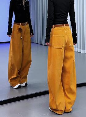 橙色弯刀牛仔裤女2026新款加厚加绒小个子垂感显瘦高腰阔腿裤冬季