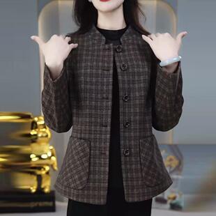 休闲洋气雪尼尔戎格纹小西装外套女秋冬大码挺阔有型气质短款上衣