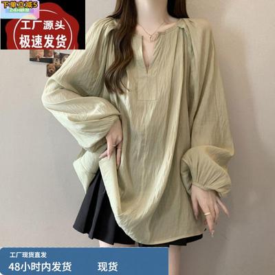 松弛感慵懒风宽松chic韩系上衣女春秋大码胖mm高级感显瘦长袖小衫