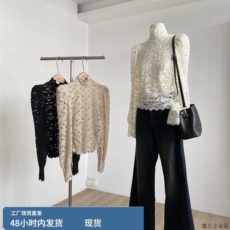 2025秋季新款法式高级感蕾丝镂空拉炼长袖打底衫修身百搭上衣女