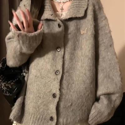 韩系宽松慵懒风灰色翻领毛衣外套女秋冬季高级感软糯加厚针织开衫