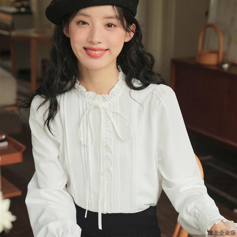 法式木耳边立领白色长袖衬衫女秋季甜美风衬衣小众设计感内搭上衣