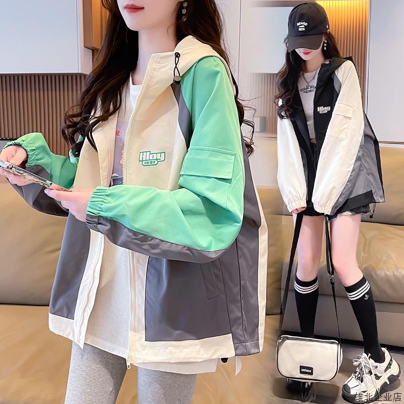 韩版拼色时尚风衣外套女2025春秋新款初高中生宽松休闲百搭冲锋衣