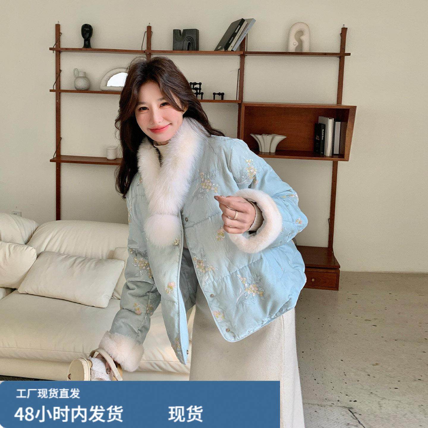 蓝色新中式丝绒亮片刺绣羽绒服2025新款女冬国风设计感派克服外套,模玩/动漫/周边/娃圈三坑/桌游,Cosplay女装/cos女装,淘宝优惠券,粉丝福利购,淘宝优惠卷